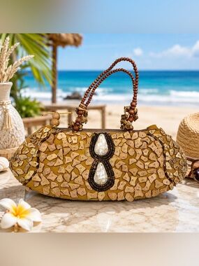 Sun & Sand Handcrafted Tan Mosaic Beaded Shoulder Bag